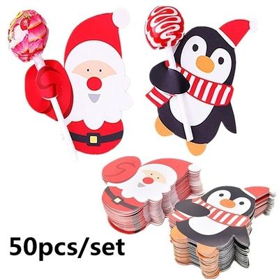 50Pcs/lot  Gift Package Decor Cards Lovely Penguin and Santa Claus Christmas Candy and Lollipop Deco