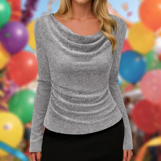 Kadın Tişört Omuz Dekolteli Uzun Kollu Dar Kesim Üstler Pul Payetli Düz Renk Esnek Üstler İş Partisi Günlük Giyim