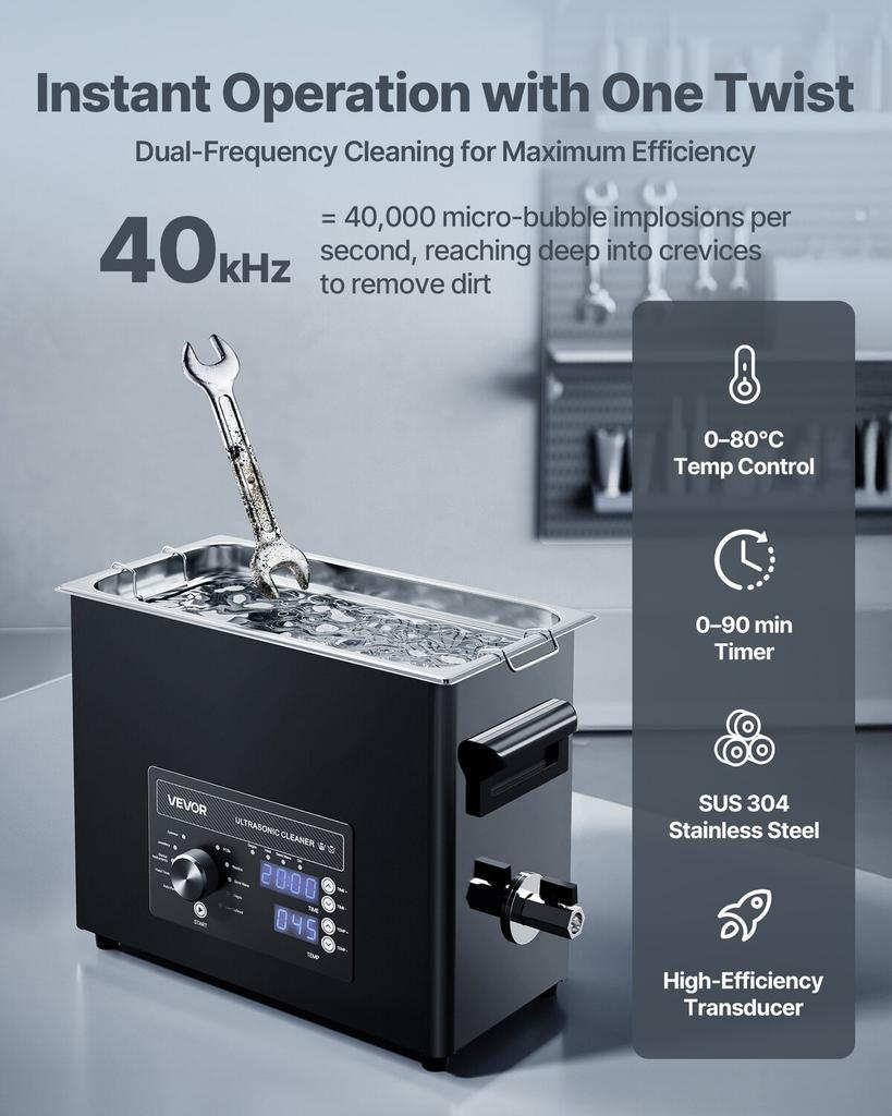 6L Ultrasonic Cleaner, Professional Ultrasonic Cleaner Machine with Knob Control, Stainless Steel Cleaning Machine with Basket and Cleaning Ball, for