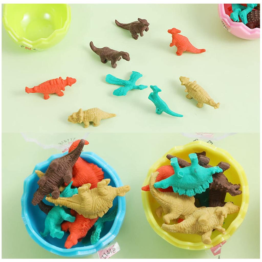 Ranvi Dinosaurier-Bleistiftgummi mit 24 Mini-Dinosaurier-Tier-Spielzeugen für Tier-Radiergummis für Party und Schulbedarf 168-teilige Eier, Radiergummis,