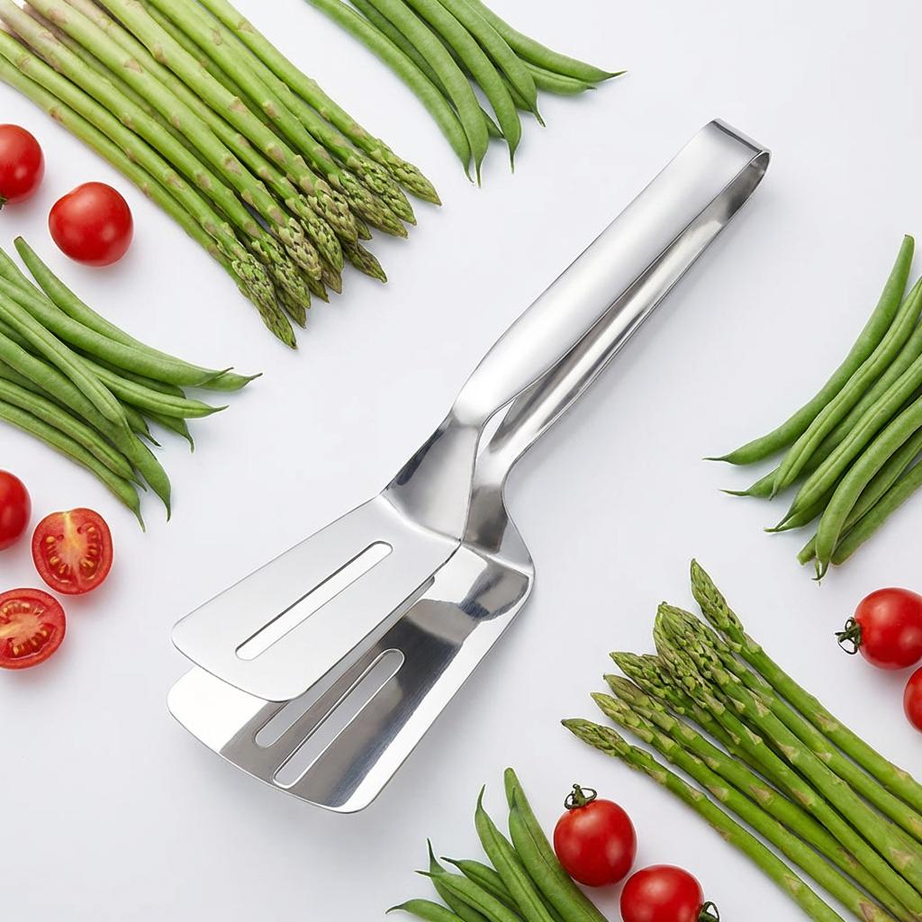 Stainless Steel Steak Clip - Heavy Duty Barbecue Tongs with Spatula, Multifunctional Grill Tool for Steak, Meat & BBQ Cooking