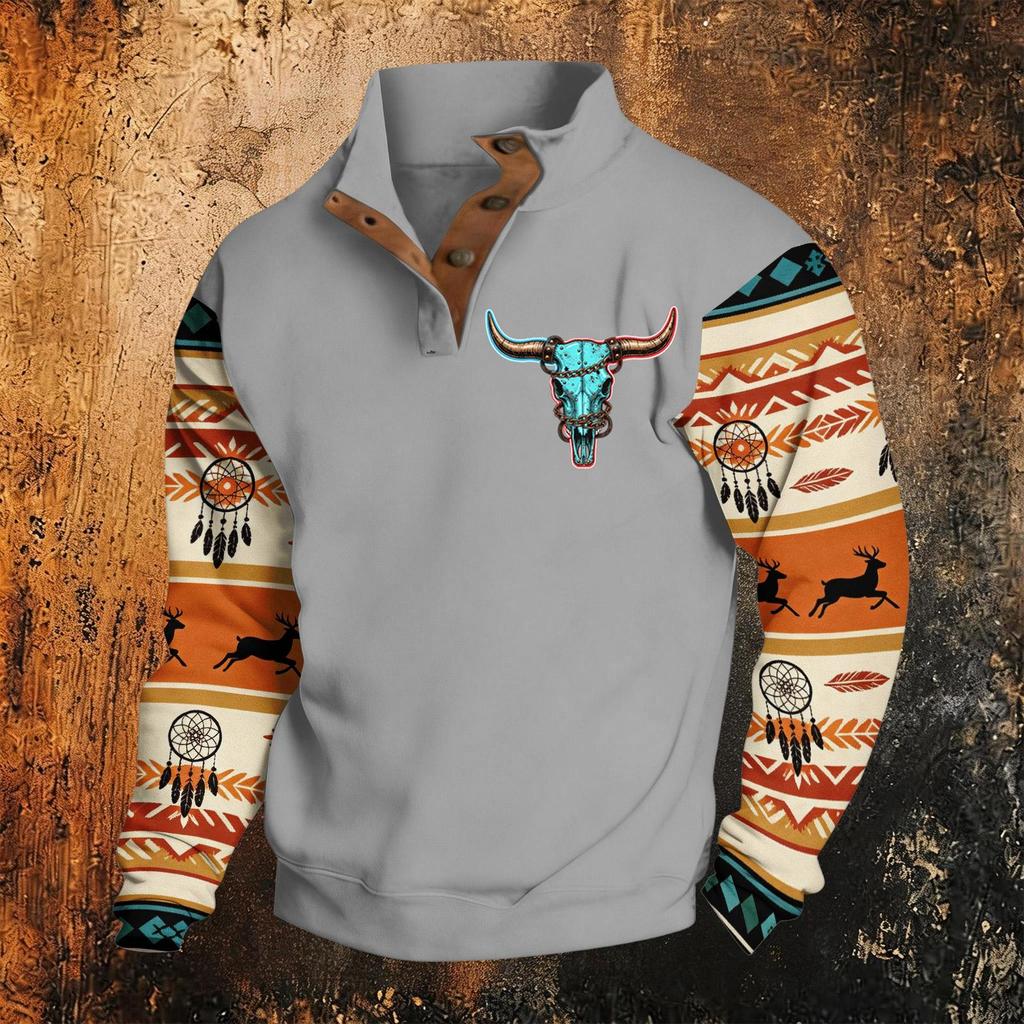 Men's Western Hooded Sweatshirt Long Sleeve Pattern Print Pullover