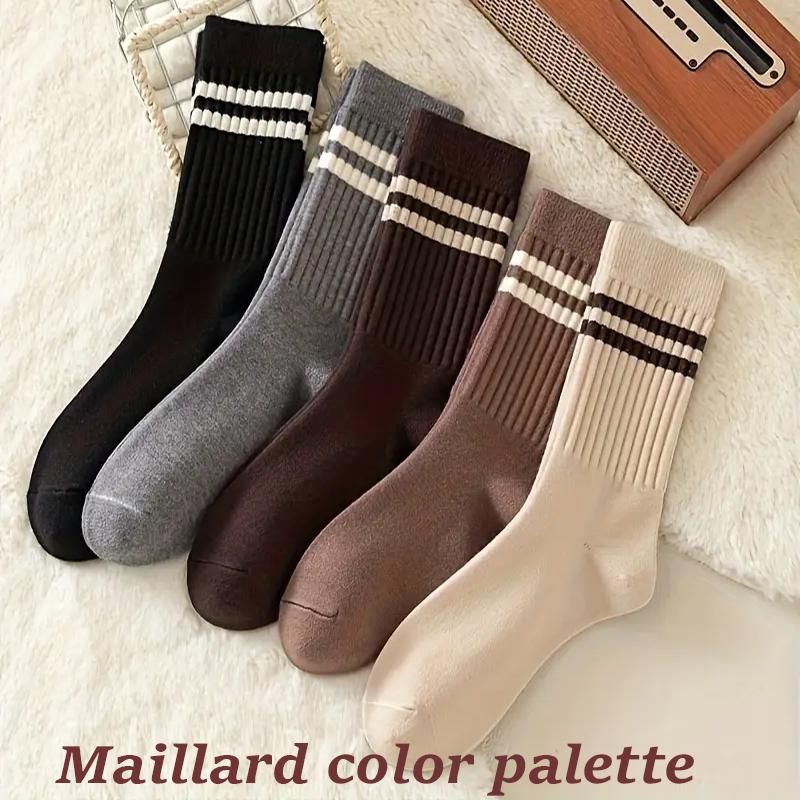 

5 Pairs Pack Trendy Striped Crew Socks, Women s JK Fashion Socks for Sports Daily Wear, Vintage Cute Fall Winter Collection One Size