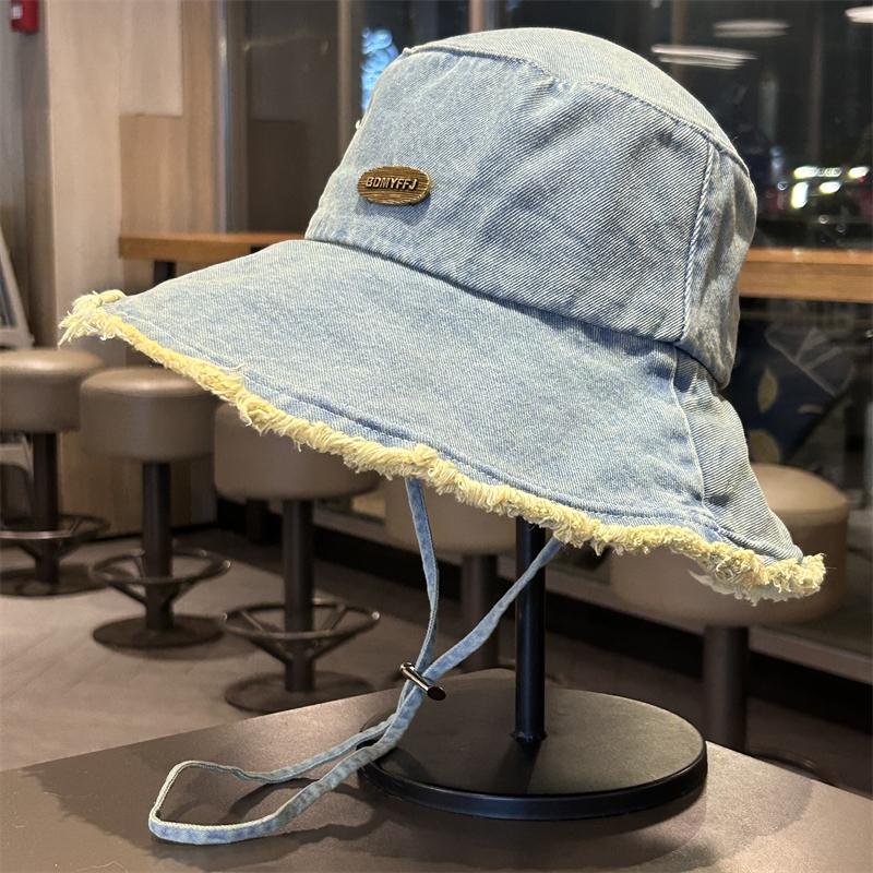 Vintage Washed Denim Cloth Bucket Hats For Women Spring Autumn Wide Brimmed Casual Bucket Cap Foldable Retro Tassel Brim New
