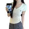 Summer New Korean Version of Shoulder Button Design Embroidery Short-sleeve T-shirt Female Slim-fit Student V-neck Top Trend
