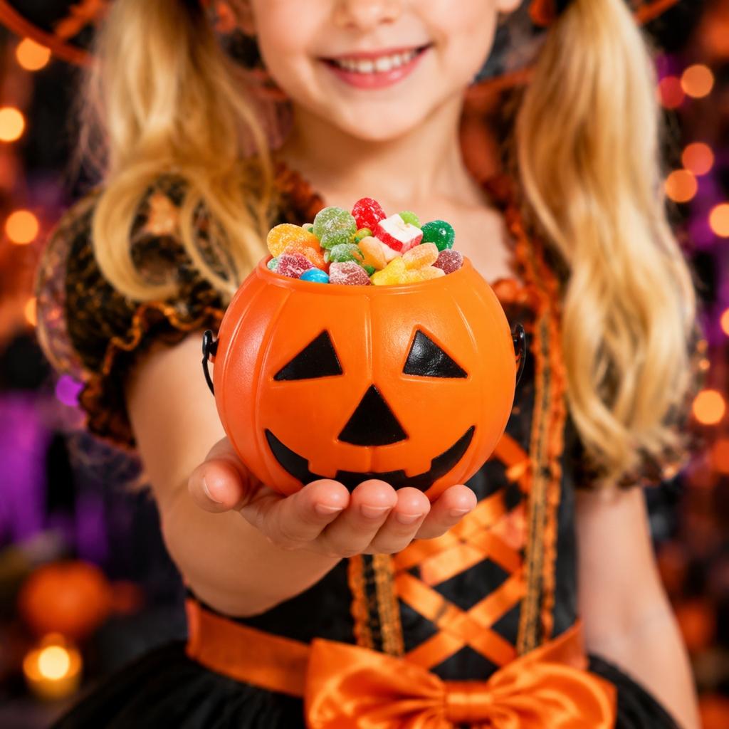 Halloween Pumpkin or - Handheld Candy Pail with Handle, Orange Decor for Party and Collection