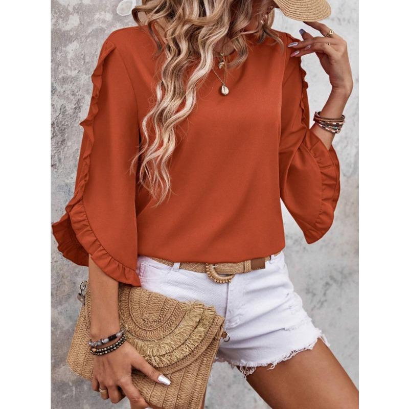 Sommer Damen Neues Rundhals Spitze Unregelmäßiges Siebenviertelärmel Oberteil