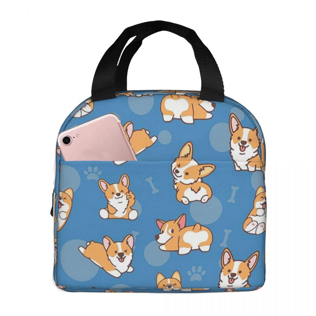 Corgi Puppy Lie Down In Blue Background Insulated Lunch Bag for Kid Cooler Thermal Food Box Tote Leakproof Lunch Boxes Container