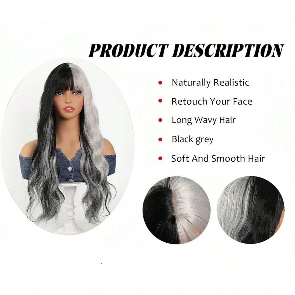 Women's Long Curly Black-Gray Wig with Fashion Highlights and Air Bangs