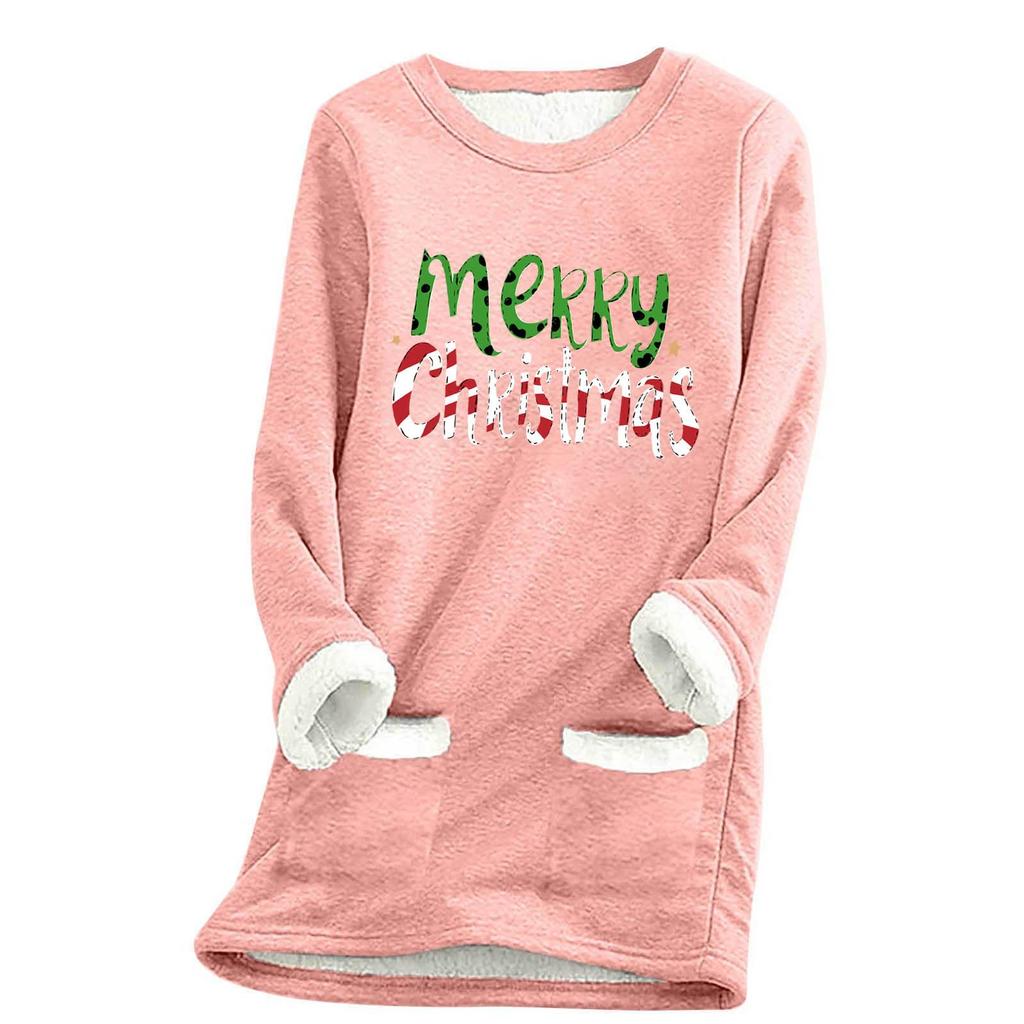 Damska luźna i wygodna bluzka z okrągłym dekoltem i nadrukiem świątecznym, z kieszeniami i długim rękawem