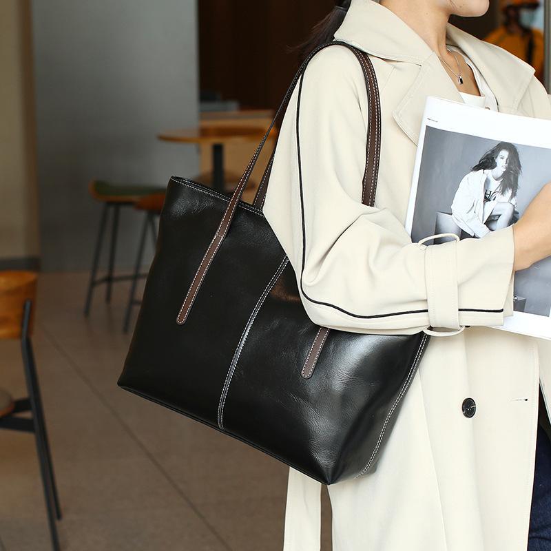 New Contrast Color Commuter Shoulder Bag Large Capacity Retro Top Layer Vegetable Tanned Cowhide Tote Bag