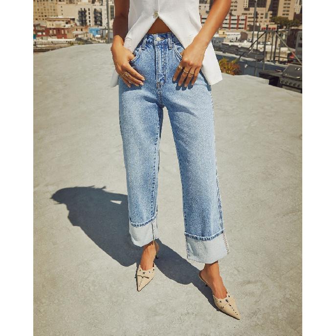 

2026 Spring New Women s Straight-Leg Jeans with Rolled Hem, Casual High-Waisted Long Pants XXL світло-синій колір