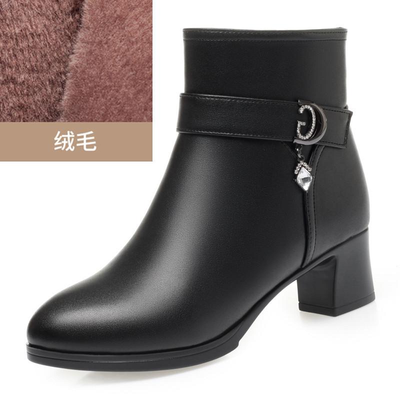 Mode Elegante Frau Block Hohe Absätze Schuhe Weiblicher Trend Winter Wolle Kurze Stiefel Weiches Leder Warme Fell Stiefeletten für Büro Mama