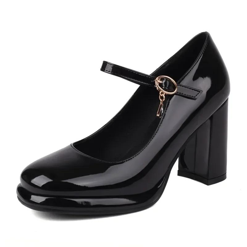 

Spring Summer Women s Platform Mary Jane High Chunky Heels Pumps Red Blue Black Patent Leather Dress Office Round Toe Lady Shoes 45