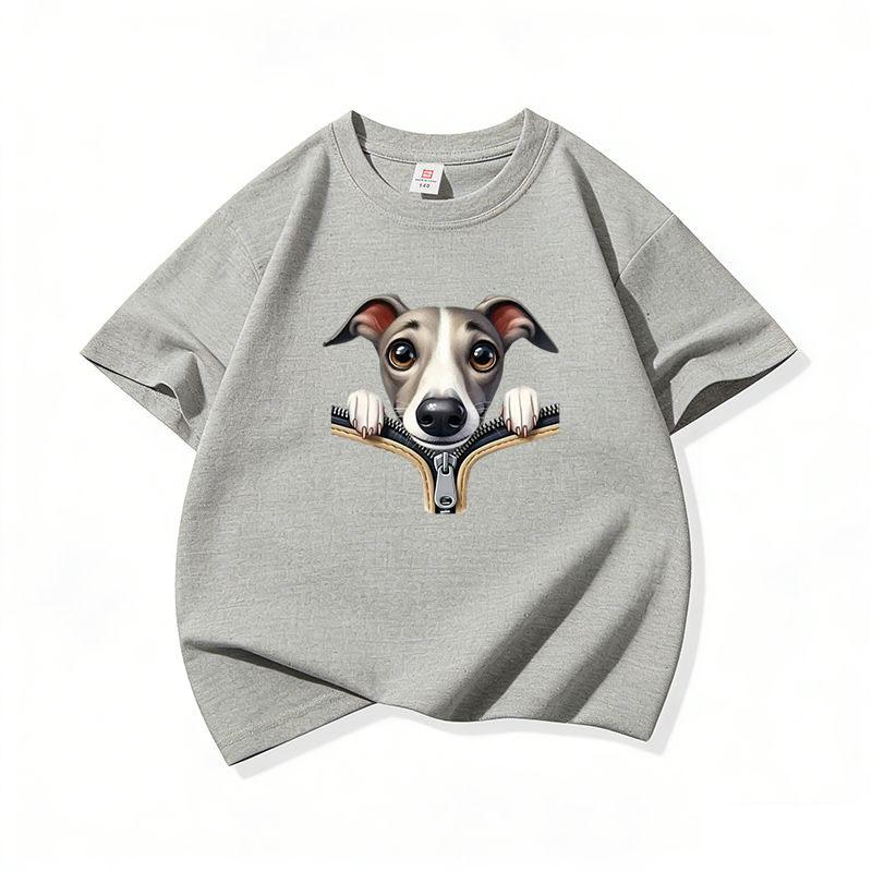 Kids Cotton T Shirt Adorable Whippet Dog Zipper Print Crew Neck Short Sleeve Tee Casual Breathable Boys Girls Summer Tops