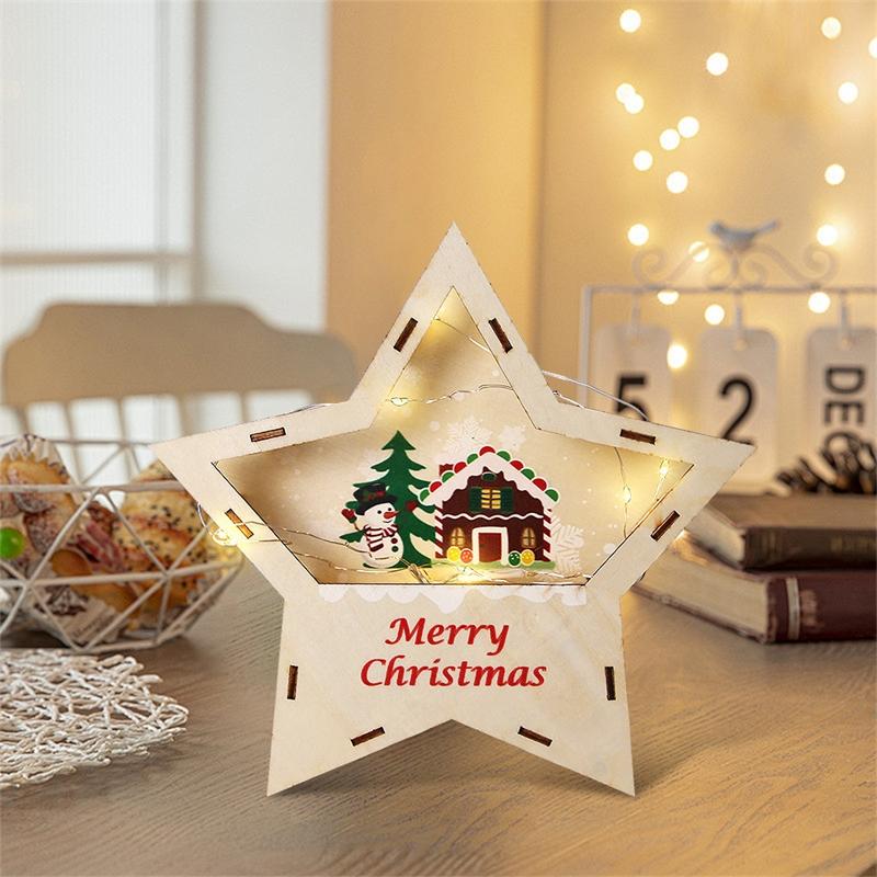 Wooden LED Five Point Star Christmas Tabletop Decor Light Up Night Lamp Holiday Centerpiece For Kids Home Desk Display Cozy Gift