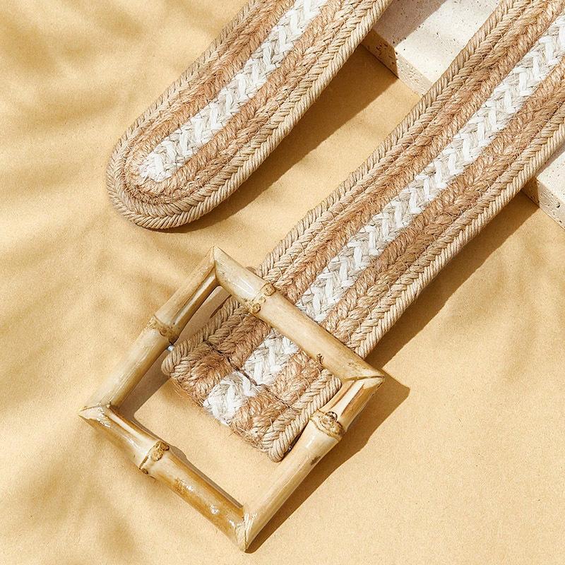 Boho Style Braided Bamboo Buckle Square Buckle Spring and Summer New Women's Belt Hemp Rope Vacation Style Women's Belt