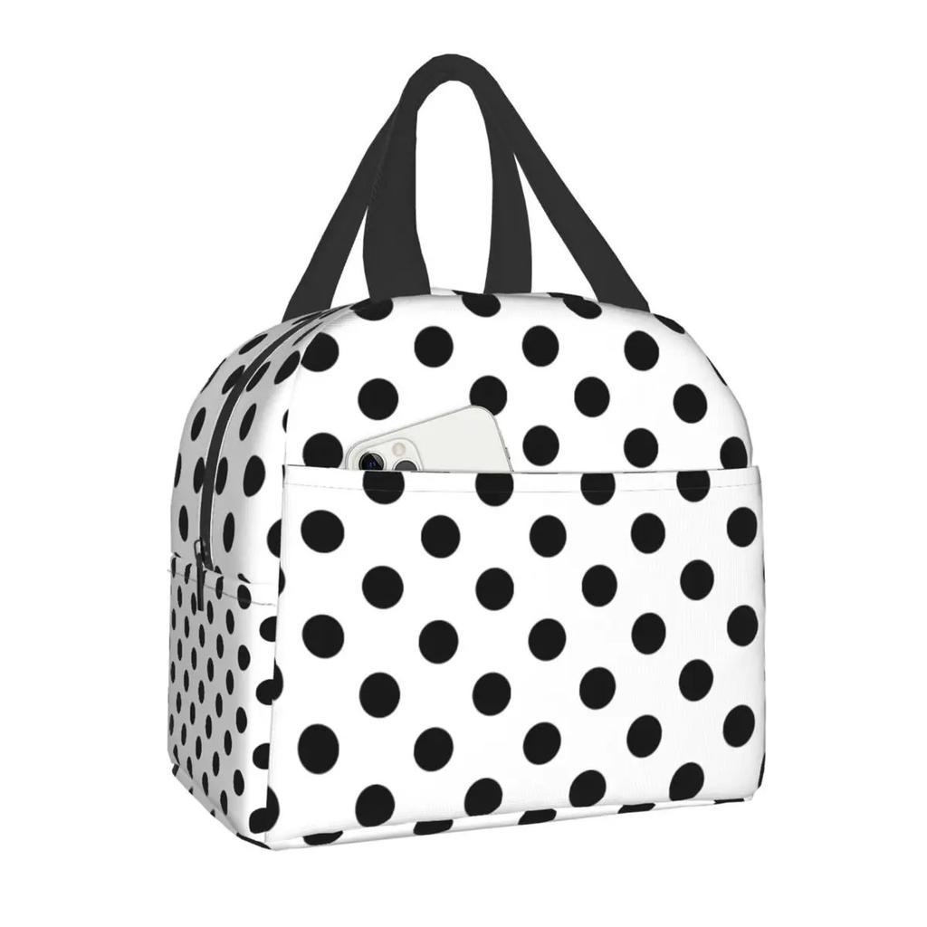 Black and White Polka Dots Lunch for Women | Portable Insulated Thermal Cooler Lunch Box Work School Travel Picnic Bags, Oxford