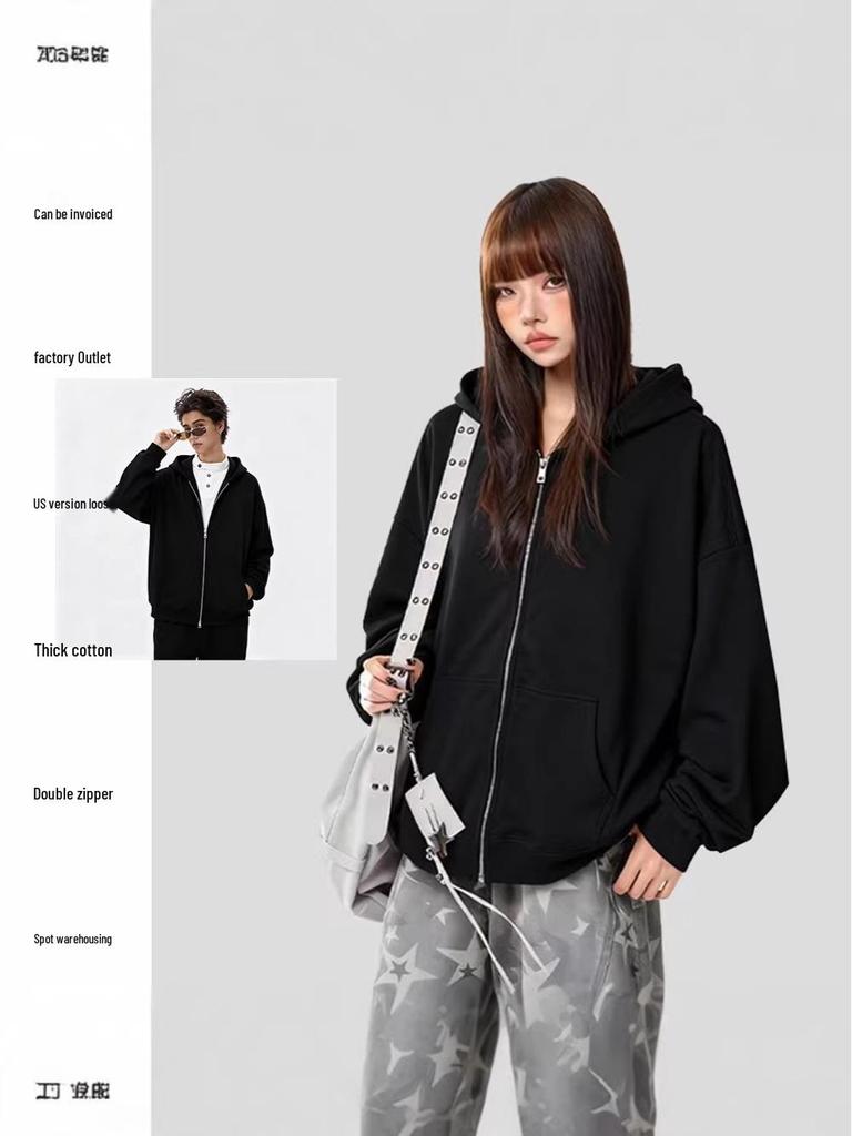 Heavyweight Hooded Sweatshirt: 420g Double Zipper Cotton Cardigan for Men & Women - Loose, Casual, American Style, Ideal for Spring & Autumn.