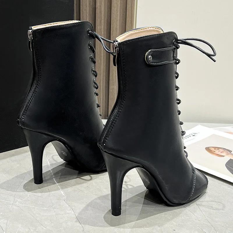 Fashion Women's New Baotou Sandals Black long fashionable high boots Women Lace up open toe leather boots Sexy slim high heels Zapatos