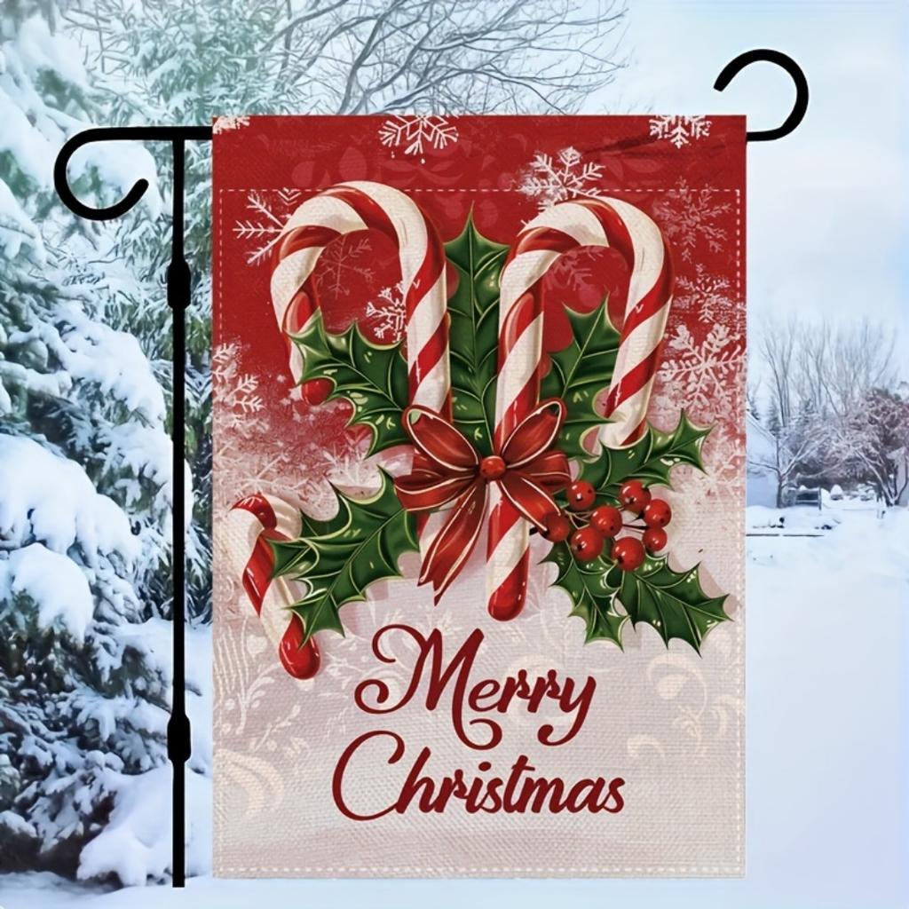 1pc Red Marry Christmas Garden Flag Delicious Candy 3D Print New Year Christmas Yard Outside Decoration No Flag Pole 12X18 Inch