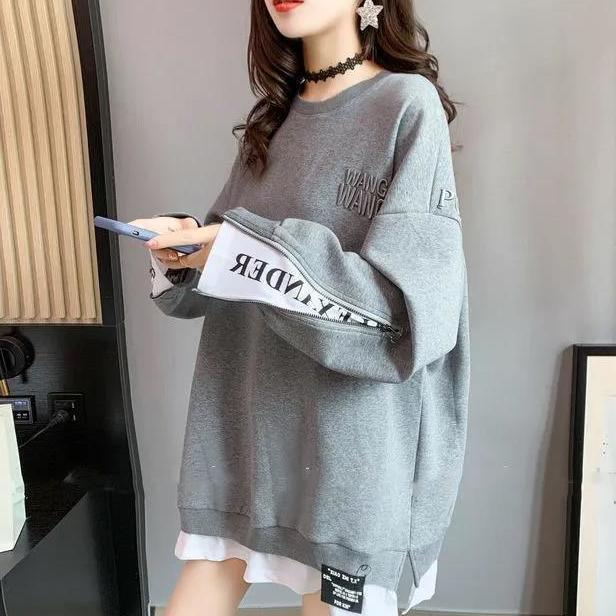 Women's Autumn Spliced Zipper Two-Piece Loose Sweatshirt - Long-Sleeve, Medium-Length, Trendy Large Size