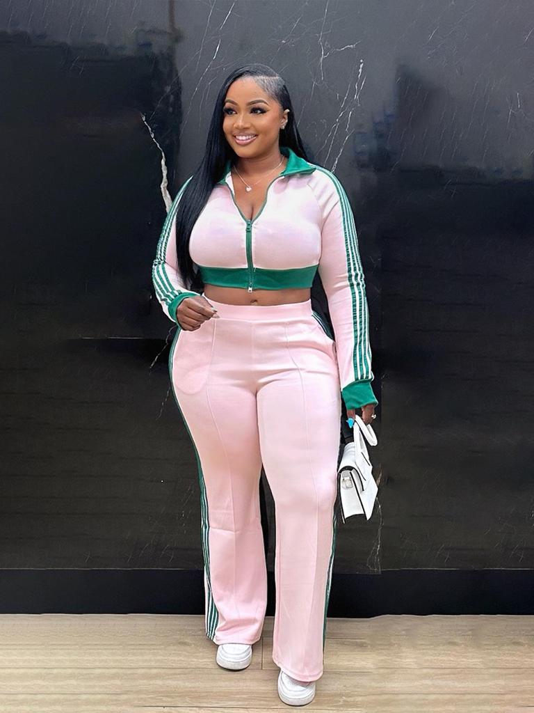 TW768 Women's Casual Color Block Zipper Crop Top & Slim Fit Pants Set