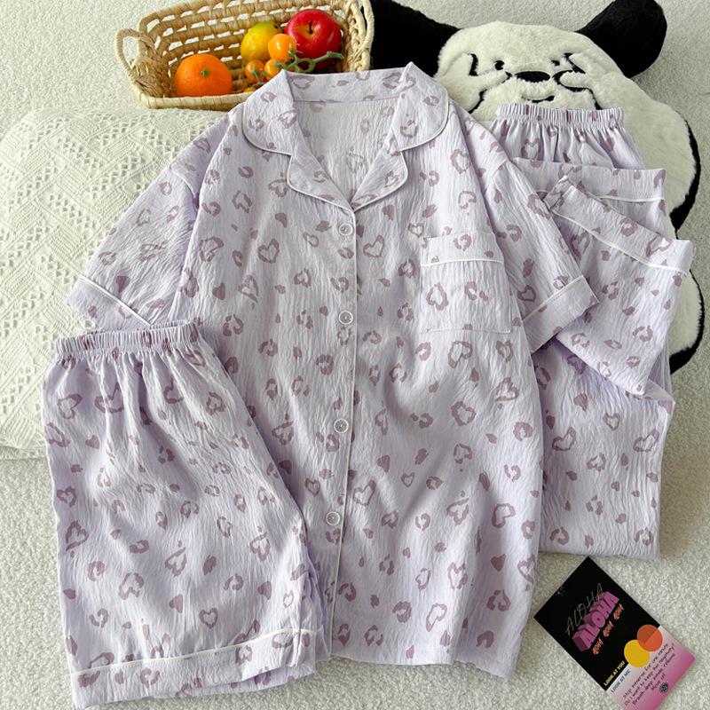 Women's Three-Piece Leopard Print Cotton Pajama Set: Short-Sleeve Top and Long Pants for Casual Summer Elegance.