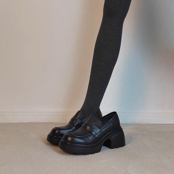 Sheepskin version~ Leather platform muffin one-pedal loafers women's retro British black versatile small leather shoes single shoes