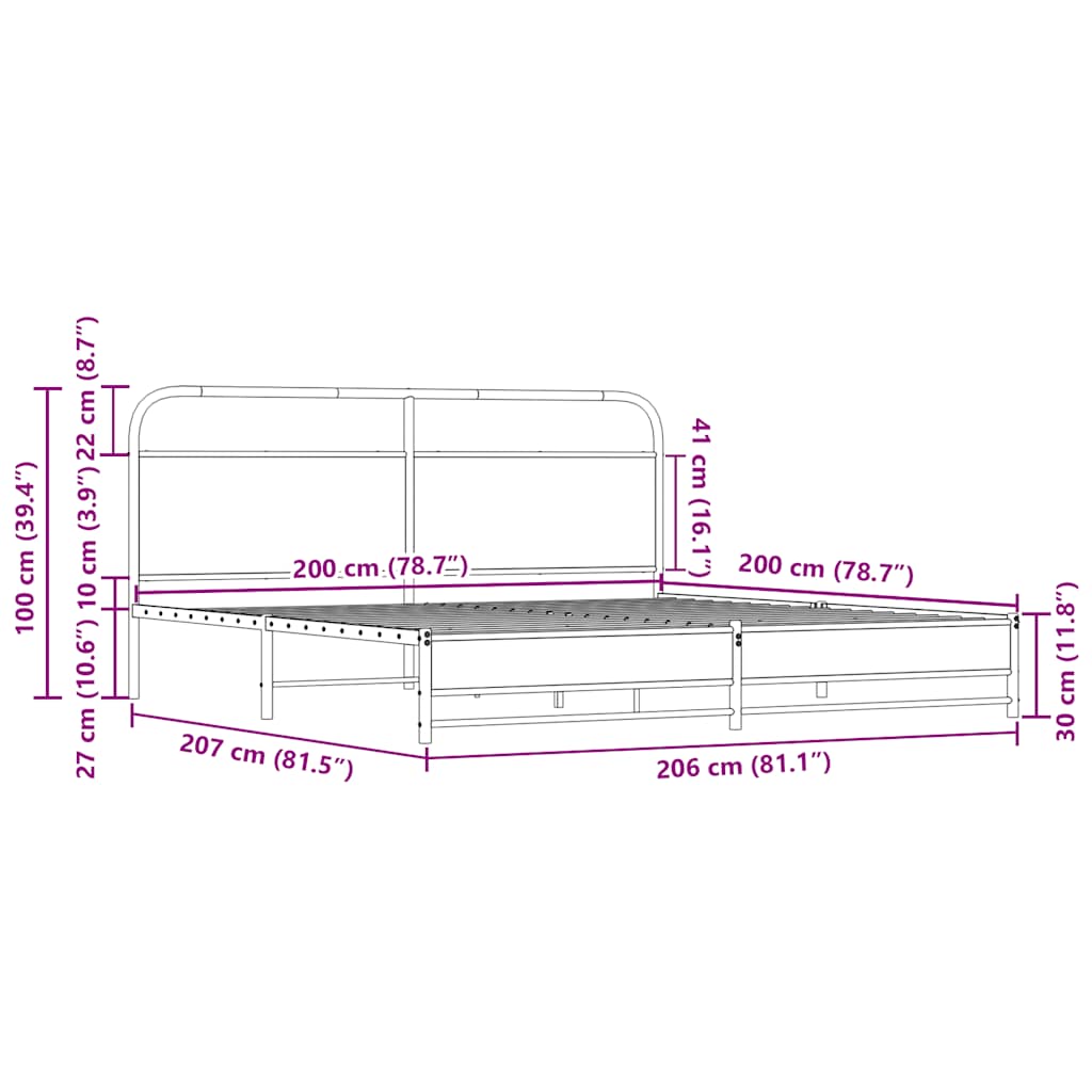 Metal Bed Frame without Mattress Sonoma Oak Finish 200x200 cm