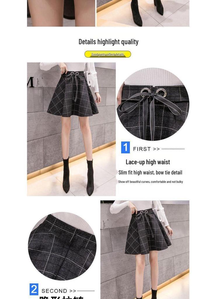 Fustă A-line cu talie înaltă din lână cu carouri pentru femei - Toamnă/Iarnă 2025 Stil coreean Fustă umbrelă