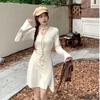 Pure desire wind V-neck long-sleeved dress women's season small man waist thin wrinkles irregular straps short skirt