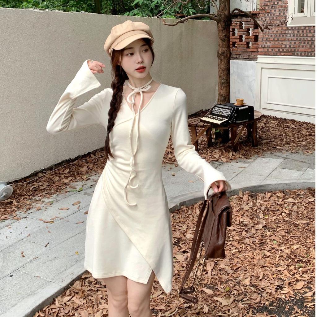 Pure desire wind V-neck long-sleeved dress women's season small man waist thin wrinkles irregular straps short skirt