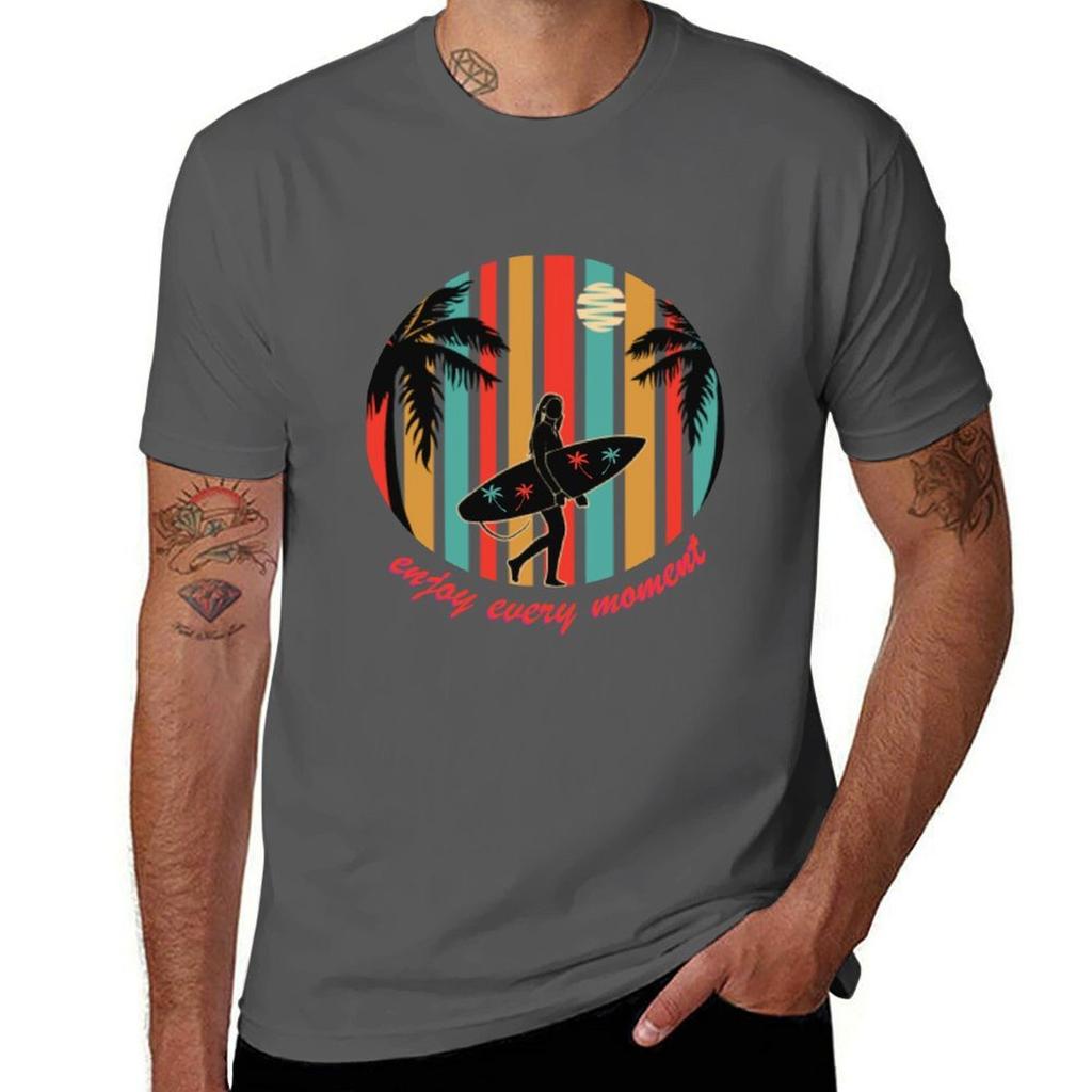 Girl With Surfboard Colorful Sunset Enjoy Every Mounisext Tshirt Lightweight Running Sports Tshirt
