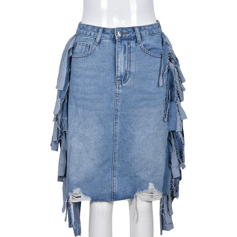 

Fashion Denim Street Fall Women s Clothing Fashion Stylish Denim Wash Pocket Slit 9395 Tassel Skirt for Women Light Blue L