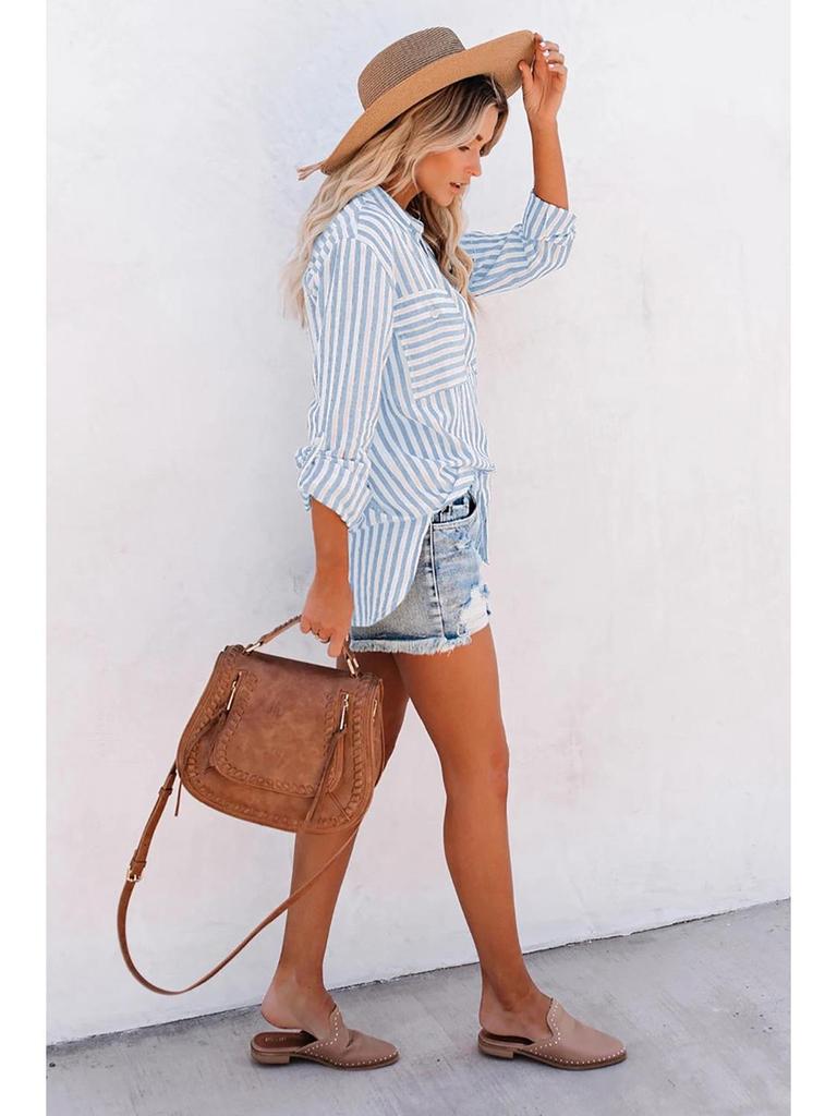 2024 Spring/Summer Women's Striped Cotton-Polyester Long-Sleeve Shirt