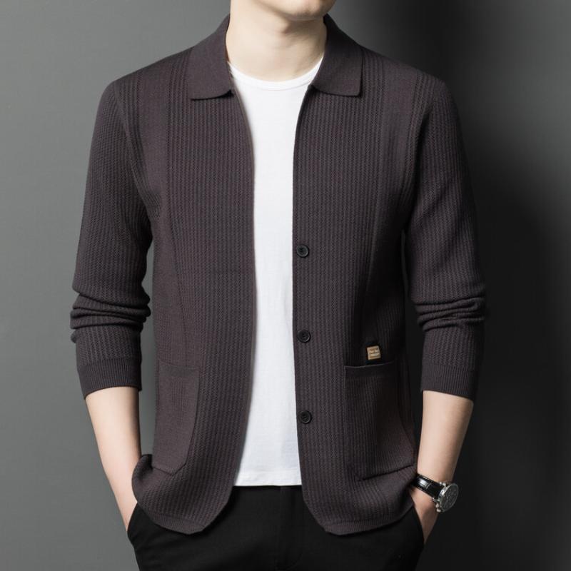 Spring Autumn Men's Knitted Cardigan Solid Color Turn Down Collar Business Casual Knit Jackets