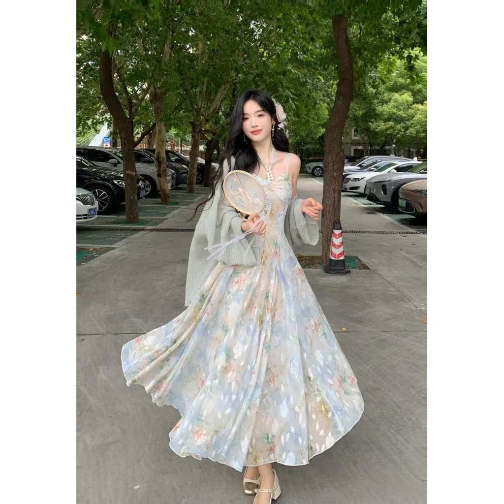 Summer new super fairy beautiful floral neck suspender skirt cardigan shawl fairy fluttering long dress large size women's clothing