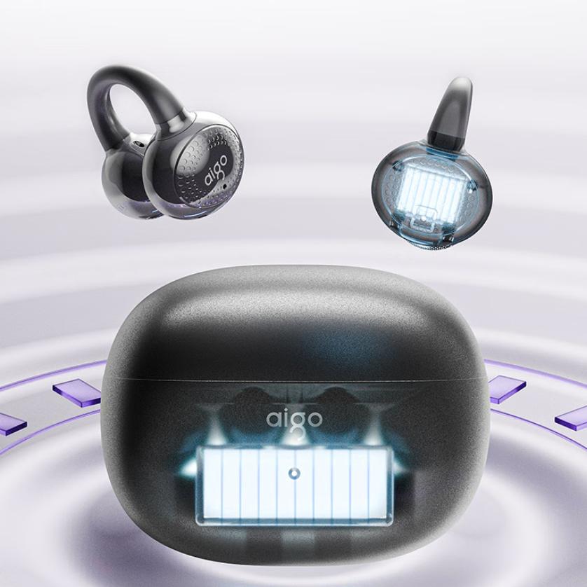 aigo Bluetooth Headphones, Bone Conduction Concept Ear Clip, Open-Style, Wireless, Noise-Cancelling, Gray