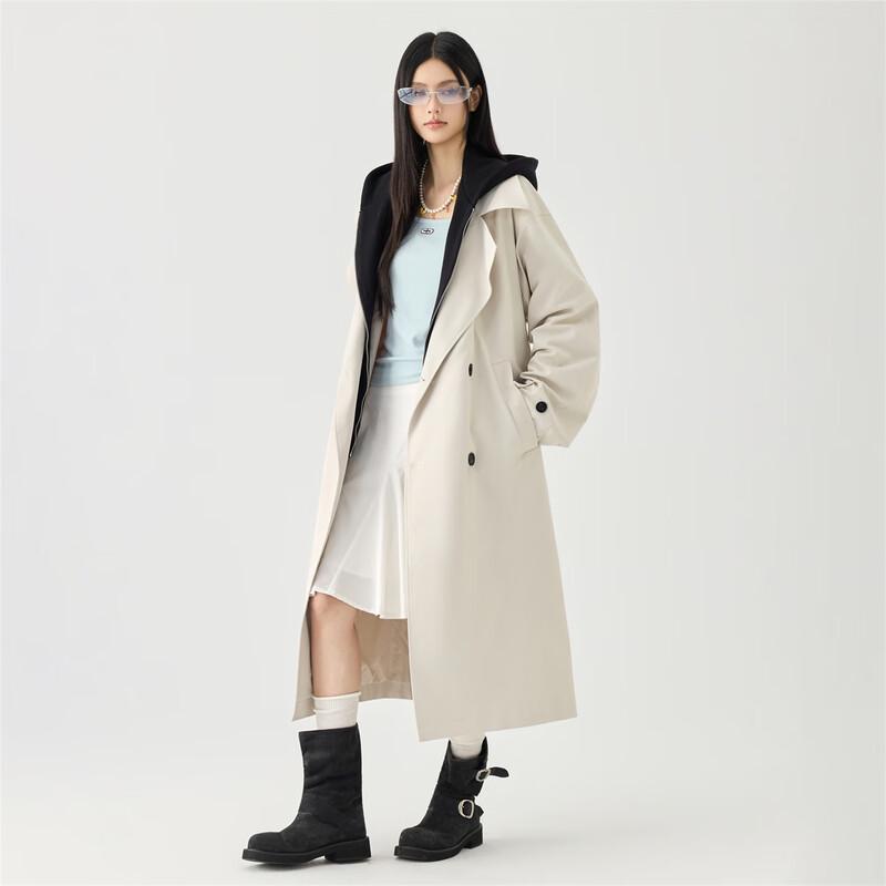 GOLFCROSS Unisex Faux Two-Piece Hooded Long Trench Coat