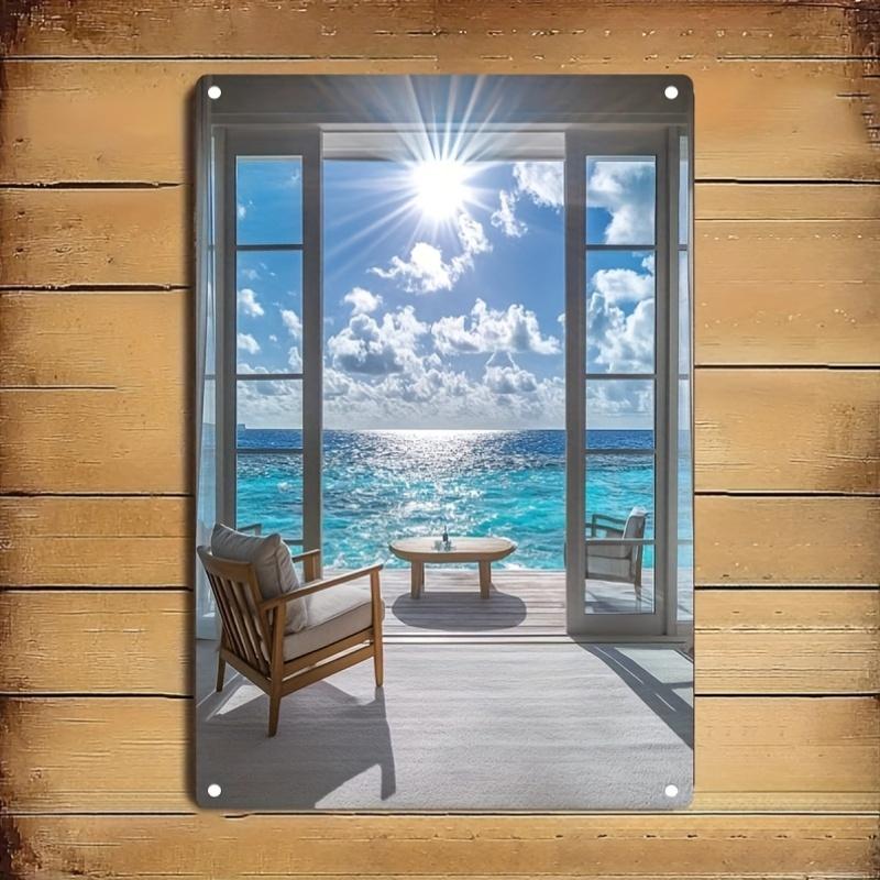 Top Metal Wall Art Sign 2D Vintage Tropical Beach Ocean View Sunlit Windows