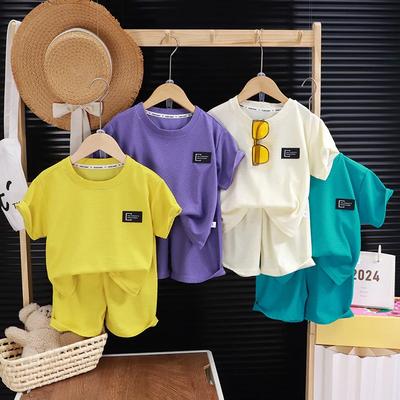 Set Maglietta a Maniche Corte e Pantaloncini per Bambini Texture a Nido d'Ape Sottile Estivo Casual per Ragazzi Ragazze Abbigliamento Quotidiano Uso Domestico Vita Elastica