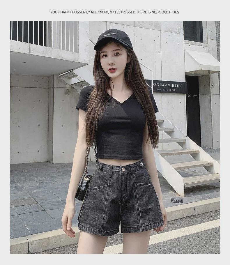 Summer 2021 High-Waist Korean Style Women's Denim Shorts with Side Zipper and Letter Design - Slim, Wide-Leg Hot Pants Trend.