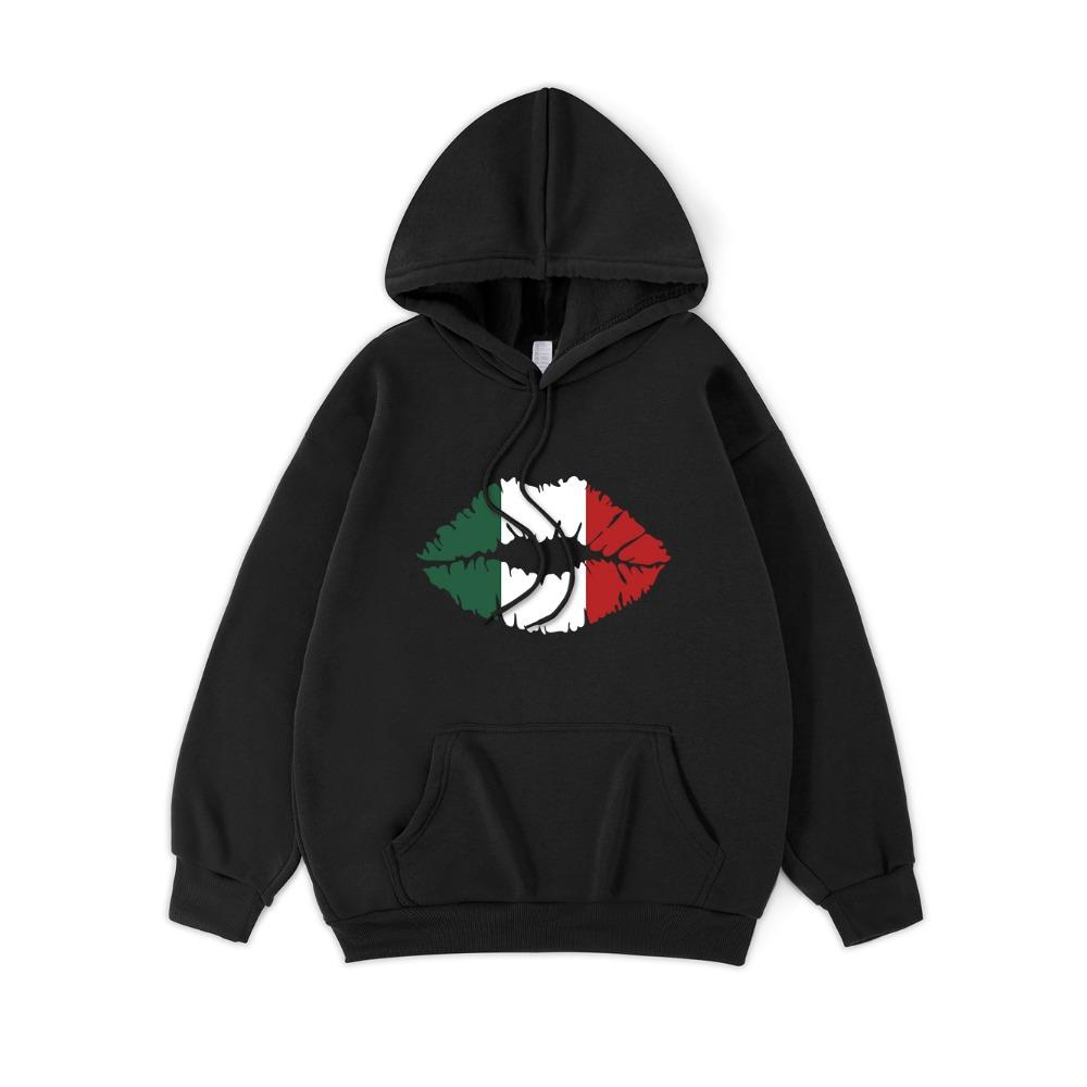 Mexico Flag Color Lip Printing Hoodies Womens Casual Pocket Hoody Winter Sweatshirts Basics Sporty Woman Clothes