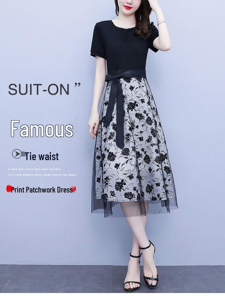 Women's Black Mesh Patchwork Faux Two-Piece Short-Sleeve Dress, Summer 2024 - Waist-Cinching Tie-Up Design.