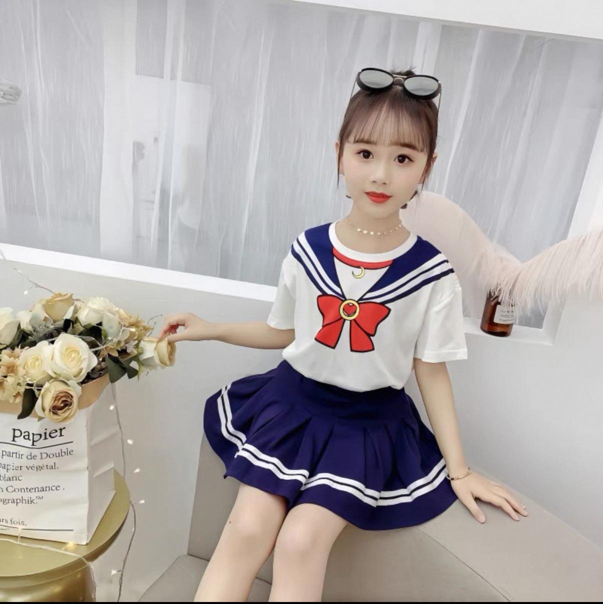 

Летний комплект школьной формы JK для девочек: Плиссированная юбка и топ One Size [50-90 Jin] синий