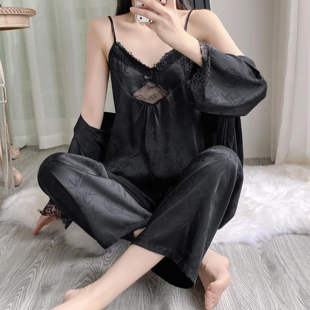 Women's Summer Ice Silk Camisole & Long Pants 3-Piece Set with Chest Pads - Light Luxury Homewear