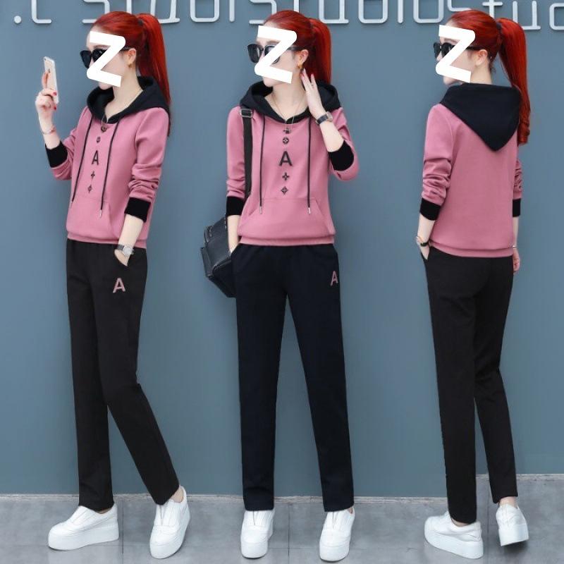 Spring Slimming and Stylish Hooded Pullover Women's Long-sleeved Casual Sportswear Set with Loose Fit Design