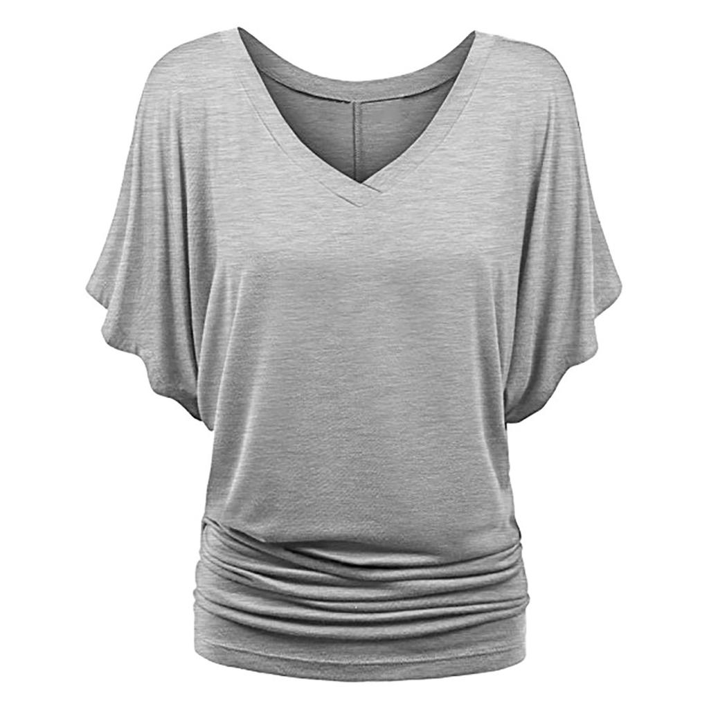 Large Size Top Women's Solid Loose Bat Sleeve V-neck Short Sleeve T-shirt