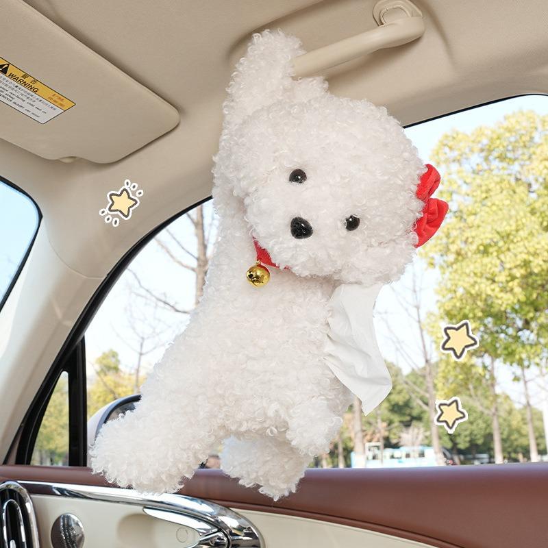 Cute Cartoon Teddy Dog Plush Hanging Tissue Box For Car Home Use